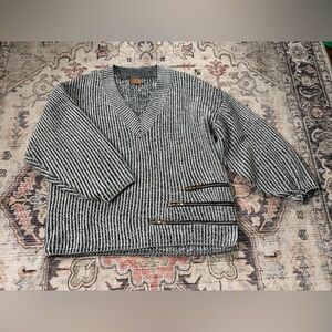 POL V-Neck Zipper Balloon Sleeve Oversized Sweater Black and White - Size - L